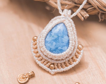 Blue Opal macrame amulet, Blue Opal pendant, macrame pendant, Blue Opal beige amulet, dainty Blue Opal, boho jewelry, gift for her, Opal