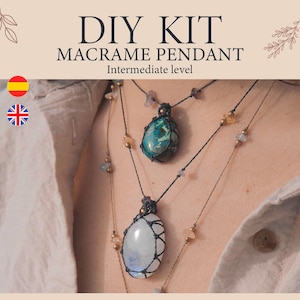 May include: DIY Macrame Pendant kit image. The image shows two macrame pendants with gemstones, one turquoise and one white. The pendants are suspended on black cords with small beads. The text "DIY KIT MACRAME PENDANT Intermediate level" is at the top.