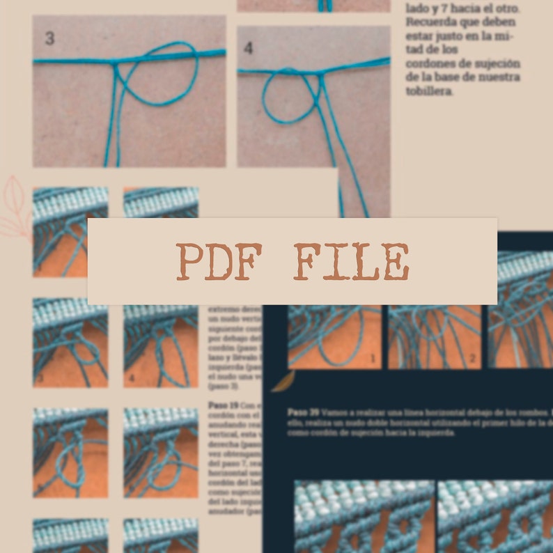 Puede incluir: Una gu&iacute;a instructiva detallada con ilustraciones paso a paso para un proyecto de macram&eacute;. La gu&iacute;a presenta im&aacute;genes de cerca de nudos y t&eacute;cnicas de tejido, con el texto "PDF FILE" en una pancarta.