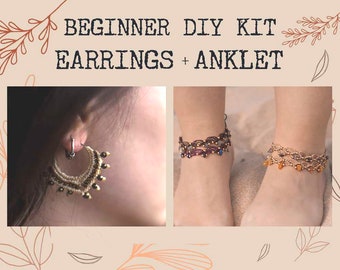 DIY KIT macrame anklet and earrings, Beginner macrame kit, Hoop earrings tutorial, Anklet tutorial, diy kit secret santa, Boho jewelry kit