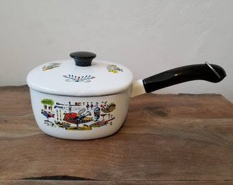 Casserole en émail du milieu du siècle avec motif de dîner de dinde Georges Briard