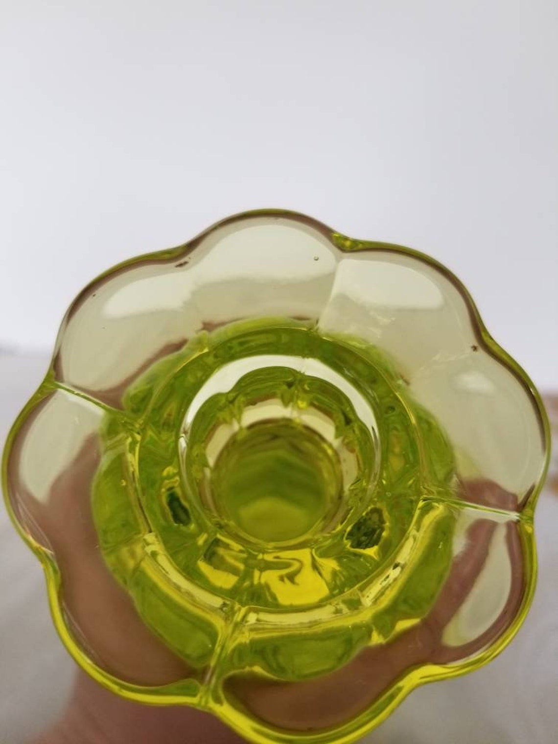 Vintage Yellow Vaseline Glass Mosser Candlestick Holder Etsy