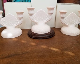 Jeanette Glass Shell Pink Milk Glass Double Light Candlestick Holder