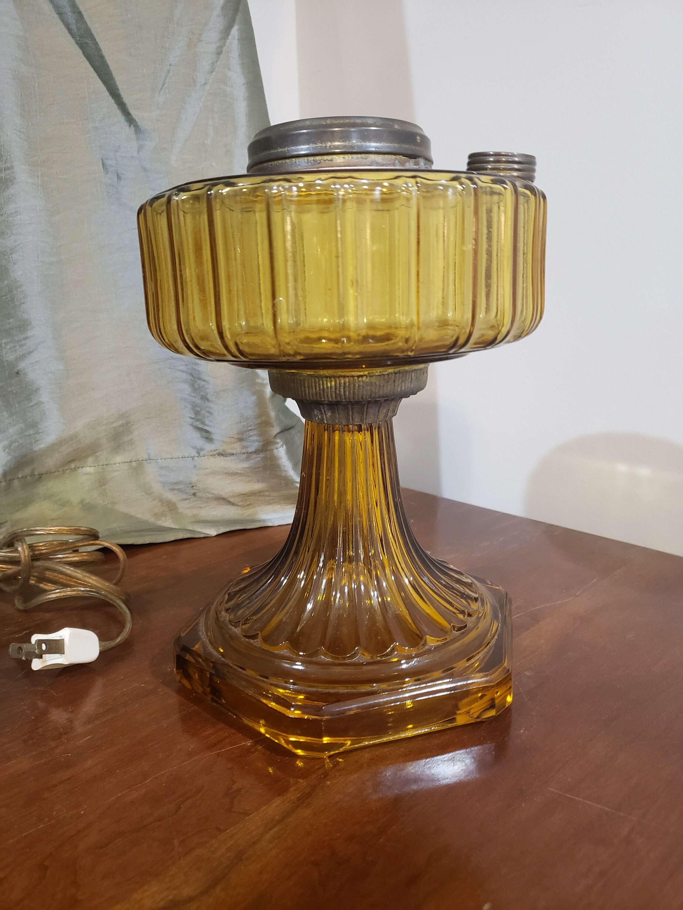 Antique Table Lamp, Upcycled Lamp From a Kerosene Lantern, Red Glass Base,  Amber Globe, Brass Metal Ornate Base, Mid Century, 50s 60s 