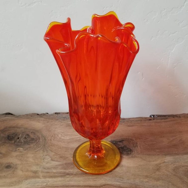 Vintage 1960's Orange / Yellow Art Glass Vase Ruffled Top