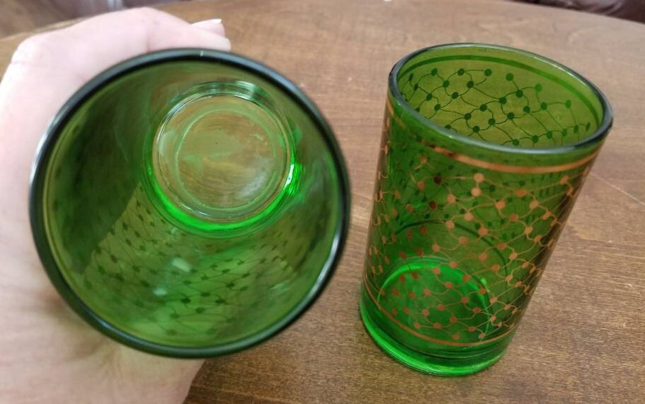 Vintage Green Juice Glasses With Gold Design Etsy