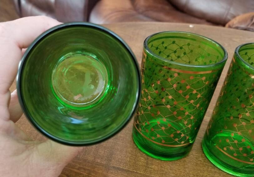 Vintage Green Juice Glasses With Gold Design Etsy