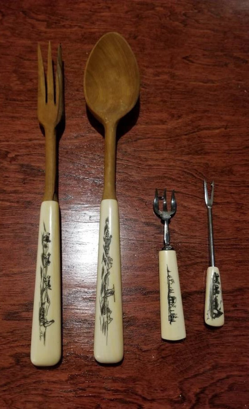 Vintage Alaska Scrimshaw Ivory Inuit Salad Fork and Spoon Set | Etsy