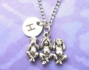 Three-Monkey Chain Necklace - Wise Monkeys - Speak No Evil, See No Evil, Hear No Evil - Monkey Charm, Monkey Jewelry - Initial Birhtstone