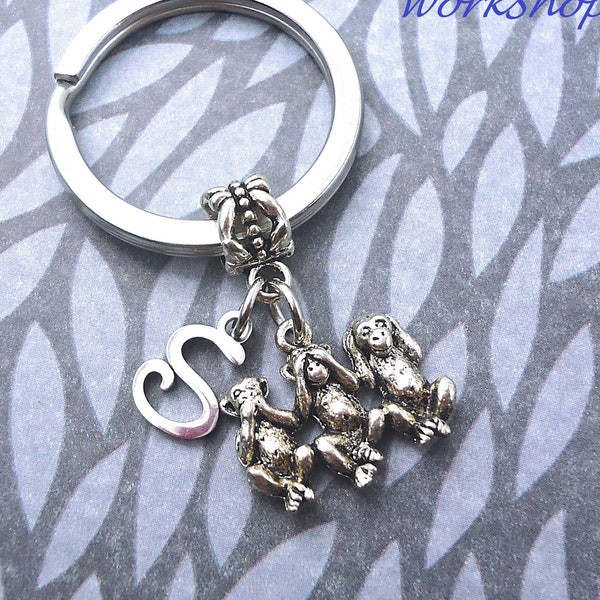 Three-Monkey Key Ring - Wise Monkeys - Speak No Evil, See No Evil, Hear No Evil - Monkey Charm, Monkey Jewelry - Initial & Birthtstone