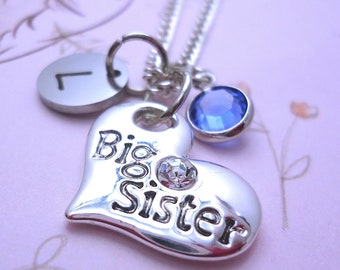 Custom Big Sister Chain Necklace-Quality Shining Big Sister Charm w/ a Swarovski Rhinestone-Initial & Birthstone-Sister, Little Sister Gift