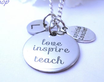 Initial Teacher Chain Necklace-'Love, Inspire, Teach' Charm-Special Teacher Charm-Teacher Necklace, Teacher Gift, Teacher Appreciation Gift