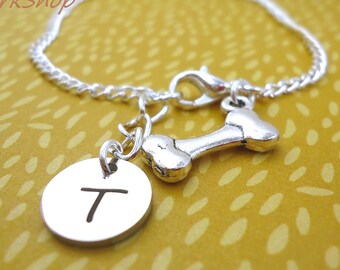 Initial Dog Bone Chain Bracelet -- I Love My Dog -- Dog Lovers -- Initial Bracelet -- Girls/Kids/Ladies/Women/Men