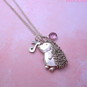 Initial Birthstone Cute Hedgehog Chain Necklace - Silver Hedgehog Charm, Hedgehog Jewelry, Hedgehog Gift - For Girls, Ladies, Women, Kids