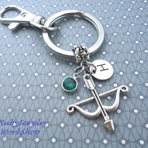 Bow & Arrow Charm Key Chain-Archery Theme-Archery Sports, Archery Gift-Initial Birthstone-Men/Women/Boys/Girls-Gift For Him, Gift For Her