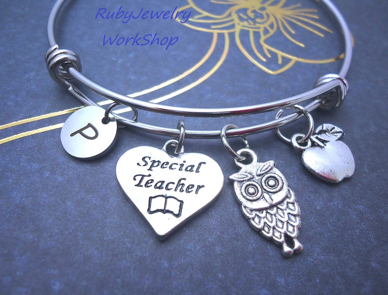 Initial Teacher Bangle Bracelet Best Teacher,OwlGlassesRulerBook Number 1 Teacher Apple Charm Many Teacher Charms-Gift For Teacher
