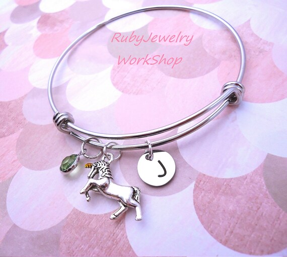 Unicorn Bracelet for Girls Unicorn Jewelry for Women and Bangle Size Personalized Initial Birthstone Personalized Unicorn Gifts for Girls