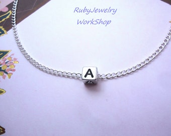 Initial Cube Chain Necklace - Silver Cube Monogram - Cube Pendant - Dad, Mom, Men, Women, Unisex, Girl Friend, Boy Friend - Men/Women Gift