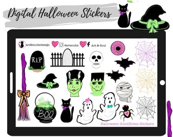 Halloween Digital Sticker Kit - Pre Cropped PNGs, GoodNotes File, Hand Drawn Clip Art for Digital Planning or Bullet Journal.