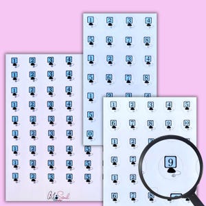 May include: Three sheets of circular stickers featuring light blue computer monitor icons with black numbers and a small mouse graphic. The stickers are arranged in grids, with a magnifying glass focused on a sticker displaying the number nine.
