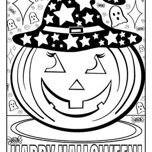 Peut inclure: Une page à colorier en noir et blanc représentant une citrouille portant un chapeau de sorcière avec des étoiles. La citrouille a un visage amical avec un large sourire et un gros nez. Le texte "HAPPY HALLOWEEN!" est en bas de la page.