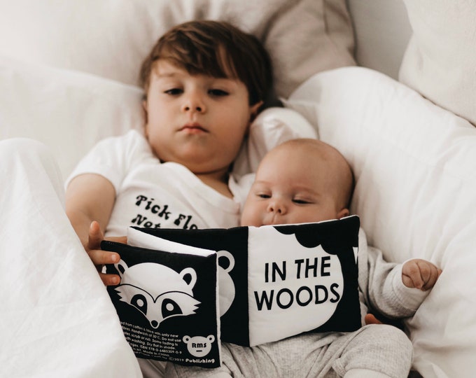 High Contrast Luxe Baby Book IN THE WOODS, Black and White Soft Book for Infants, Baby Books