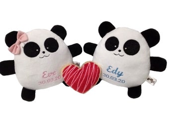 Pareja Pandas peluche tierno oso corazón boda aniversario personalizado nombre kawaii suave regalo decoración cumpleaños guyuminos