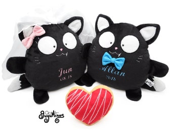 Pareja Gato Negro tierno peluche nombre personalizado kawaii cumpleaños aniversario decoración corazón gótico amor compromiso boda guyuminos