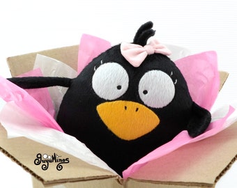 Black Raven girl or boy plushie stuff toy decor gift personalized name crow nursery baby day animal goth dark heart love Halloween guyuminos