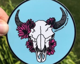 Sticker Bison Skull Bitterroot Flowers | 3 Inch Round Vinyl