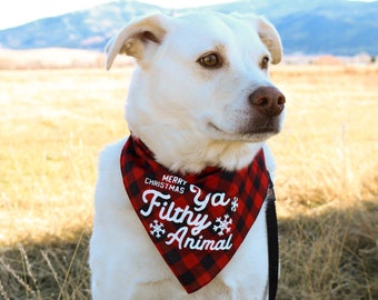 Christmas Bandana for Dogs | Merry Christmas Ya Filthy Animal | Buffalo Check Screen Printed Holiday Pet Accessory | Buffalo Plaid Seasonal