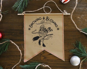 Snowing and Blowing Wall Hang | Winter Bird Screen Printed Decor | Christmas, Seasonal, Holiday