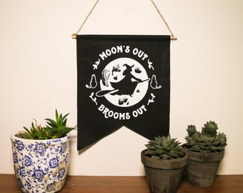 Moon's Out Brooms Out Wall Hang | Witch Full Moon Screen Printed Decor | Halloween, Fall, Autumn, Witches, Seasonal, Holiday