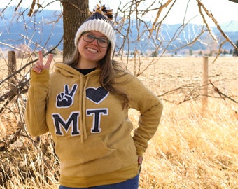 Peace Love Montana Sueded Fleece Mustard Hoodie | Unisex | Felt Appliqué