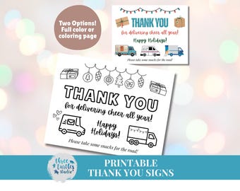 配達ドライバー向け印刷可能なサンキューサイン | 郵便配達員と配達ドライバー向けホリデースナックバスケットサイン | クリスマスサンキューぬり絵ページ