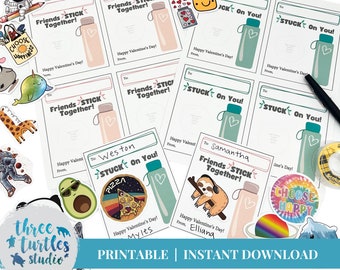 ウォーターボトルステッカー用キッズバレンタインデーカード、ウォーターボトルステッカーバレンタインデーカードの即時ダウンロード、バレンタインの印刷可能