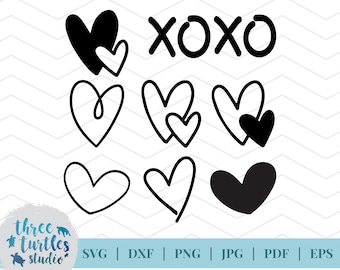 手描きハート svg カット ファイル、バレンタインデー svg、ハート svg、XOXO svg カット ファイル、デジタル ファイル、cricut 用、シルエット用