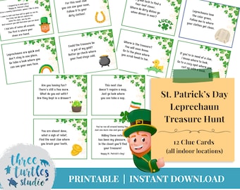 子供向け聖パトリックデーのレプラコーン宝探し、印刷可能なレプラコーン宝探しのヒント、聖パトリックデーのアクティビティ、聖パトリックデーの楽しみ