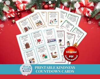 クリスマスの親切カウントダウン（印刷可能）、アドベントカレンダーカード、25日間の親切、親切アドベントカレンダー、ホリデーシーズンの親切行為