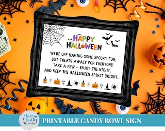 印刷可能なハロウィンキャンディボウルサイン | お菓子を持っていくポーチサイン | 家にいないトリック・オア・トリートサイン | ハロウィンデコレーションをすぐにダウンロード