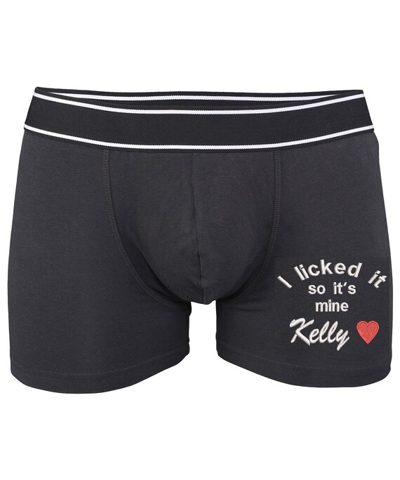 Personalised Valentines Underwear Boxer Shorts Gift for Boyfriend  Embroidered Message Heart Motif Any Message Kari MT Leg 