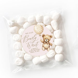 Recuerdos de osito de peluche para baby shower - Bolsas "We Can Bearly Wait" - Pegatinas de osito personalizadas - Bolsas transparentes para recuerdos - Baby Shower neutro - Osito de peluche - A GRANEL