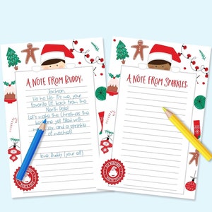 May include: Two Christmas-themed notepads with festive illustrations and text. One notepad has a blue pencil, the other a yellow pencil. The text on the notepads reads "A Note From Buddy" and "A Note From Sparkles."