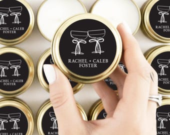 Wedding Favor Candles - Gold Candle Tin Favor - Bridal Shower and Engagement Party Favors - Cheers Coupe Toast Design - Mini Candle Gift