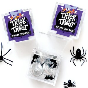 May include: Three clear square plastic boxes filled with silver foil-wrapped candies. Each box features a purple label with the text "TRICK OR TREAT FROM CHARLIE" and illustrations of candy and bones. Four black plastic spider figures are included.
