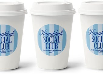 Hanukkah Social Club Cups - Holiday Coffee Favors - Hot Toddy White Paper Cups with White Lids - Stickers - 2.5" Round Labels