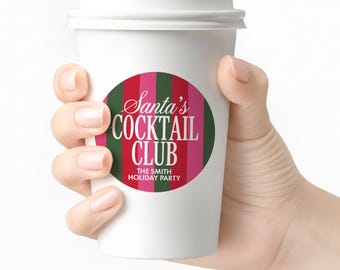 Santa's Cocktail Club Social Club Cups - Holiday Coffee Favors - Hot Toddy White Paper Cups with White Lids - Stickers - 2.5" Round Labels