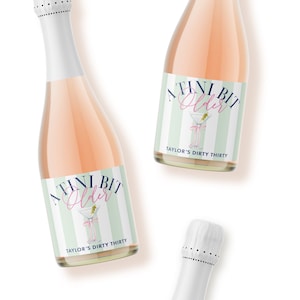 May include: Two pink mini champagne bottles with green and white striped labels that say "A TINI BIT Older" with a martini glass graphic and the text "Taylor's Dirty Thirty".