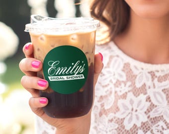 Classic Coffee Bridal Shower Favors - 15oz Clear Plastic Cups With Lids + 2.5" Round Labels - Love is Brewing Favors - Iced Coffee