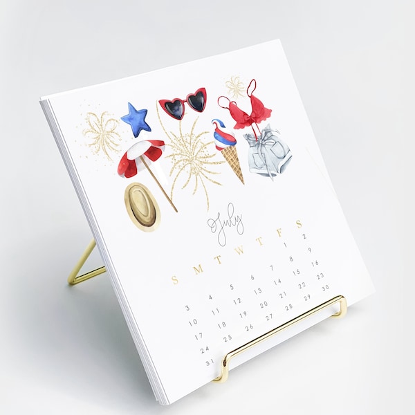 Desk Calendar Set - Fashion Illustration Gift - Calendar + Gold Stand - Watercolor Art - Trendy Gift - Unique Gift - Birthday Gift - 5" x 5"